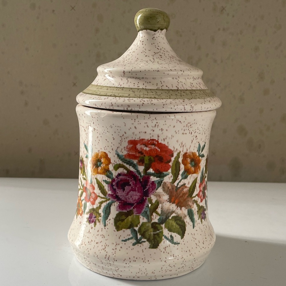 Floral Ceramic Lidded Jar - Cream Polka Dot with Multicolor Flowers